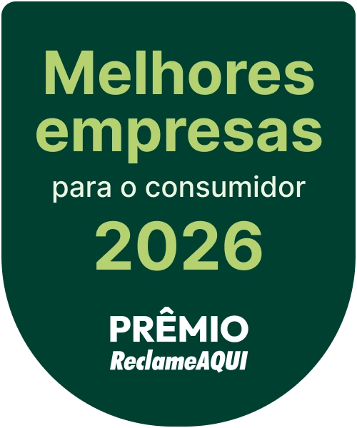 Selo verde escuro com o texto 'melhores empresas para o consumidor 2026, prêmio RECLAMEAQUI'