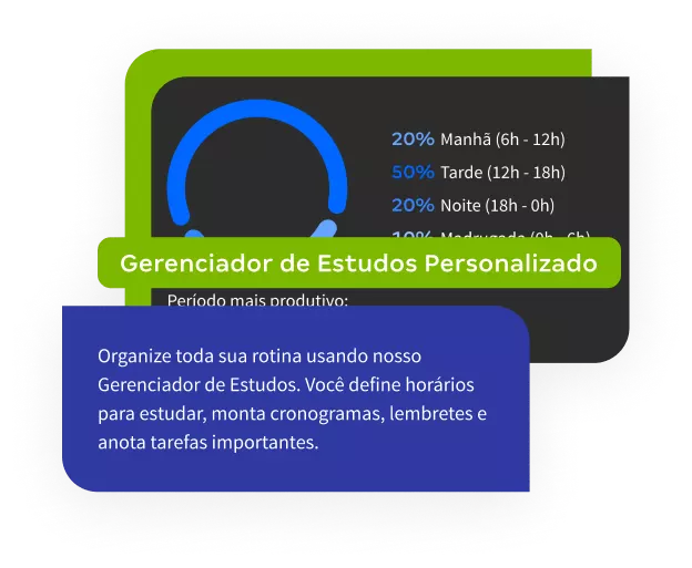 Organize toda sua rotina usando nosso Gerenciador de Estudos. Você define horários para estudar, monta cronogramas, lembretes e anota tarefas importantes.