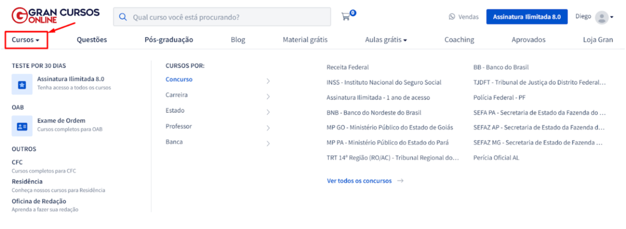Imagem como encontrar cursos com filtro