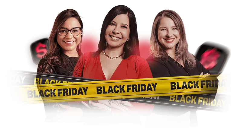 Três mulheres sorrindo em frente a um fundo verde claro: à esquerda, a professora Aline Menezes é uma mulher de cabelo e olhos castanhos claros, óculos de grau e blusa preta rendada; ao centro, ao centro a professora Natale Souza é uma mulher de olhos castanho-escuro e os cabelosc castanho-escuros e longos, com blusa rosa e braços cruzados; e à direita, a professora Fernanda Coelho é uma mulher de cabelos loiros e olhos castanhos na altura dos ombros e blusa preta com as mãos no bolso de uma causa branca.